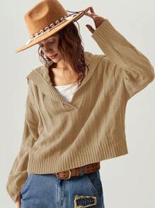Bohemela Vacation Casual Solid Color Half Open Collar Loose Pullover Sweater For Women - Khaki - View 5