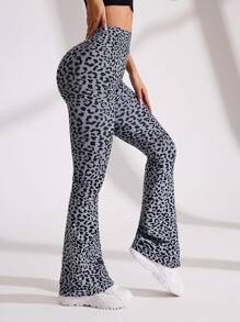 Easithlete 无缝高弹力运动瑜伽健身裤阔腿豹纹 - 灰色 - 查看 3