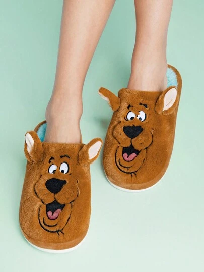 SCOOBY-DOO X SHEIN 女士卡通刺绣3D耳朵毛绒家居拖鞋，狗狗造型，适合新年、春季、春假、复活节、情人节、冬季穿着