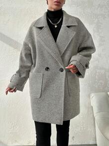 EURMUSE Lapel Neck Drop Shoulder Double Button Overcoat - Grey - View 3