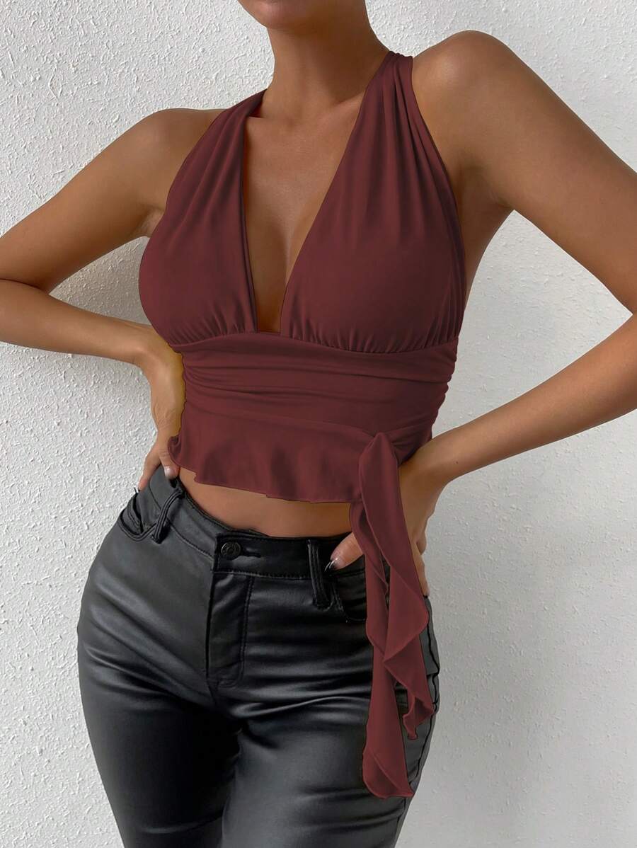 Zolique Fashionable Sexy Solid Deep V-Neck Cropped Backless Halter Top - Redwood - View 1