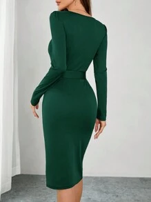 SHEIN Clasi Sweetheart Neck Puff Sleeve Cinched Waist Slit Metallic Waist Belt Dames Mid-Length Jurk
