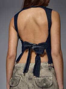 MISSGUIDED Open Back Sleeveless Denim Top With Bow Tie Detail Casual Summer Crop Tank Top Fashion Forward Design Jean Vest Style Statement - Navy Blue - View 4