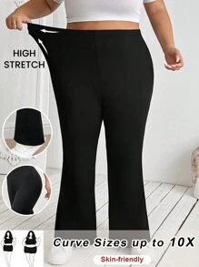 SHEIN CURVE+ Plus Size Black High Stretch Flared Pants, Spring - Black - View 1