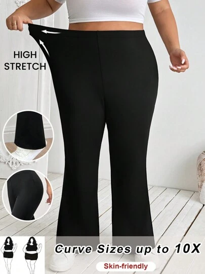 SHEIN CURVE+ Plus Size Black High Stretch Flared Pants, Spring