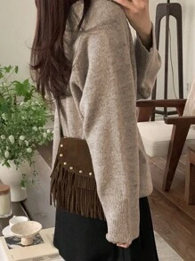 DAZY Women's Solid Color V-Neck Long Sleeve Casual Sweater, Autumn/Winter - Khaki - View 2