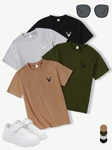 SHEIN 4pcs/Set Tween Boy Short Sleeve T-Shirt, Casual And Versatile For Outdoor And Indoor Wear. Explore The New Fashionable Realm With The Carefully Designed Deer Head Graphic Series T-Shirts, In Classic Black, Deep Green, Soft Grey, And Warm Khaki, Each Embodying A Simple Yet Stylish Design That Captures The Essence Of Fashion., School, Campus, College Summer Holiday - Multicolor - View 6
