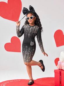Vestido negro de manga larga con cuello redondo, degradado y brillo, con estampado gráfico para niñas preadolescentes. Bellamente diseñado, adecuado para todas las estaciones, eventos formales, salidas y para ir a juego
