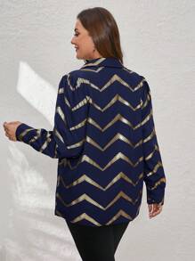 SHEIN Clasi Plus Size Long Sleeve Rhombus Print Buttoned Shirt, Elegant Business & Commuting Wear For Summer - Navy Blue - View 2