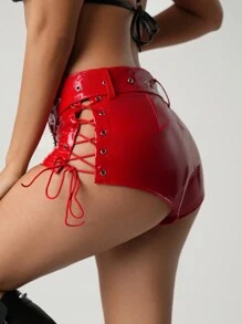 SHEIN ICON Shorts de mujer con encaje calado y cordones, fabricados en PU brillante