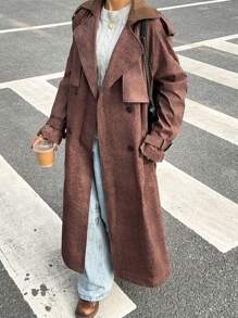 SHEIN EZwear Women's Casual Double-Breasted Long Trench Coat, Autumn Style - Brown - View 6