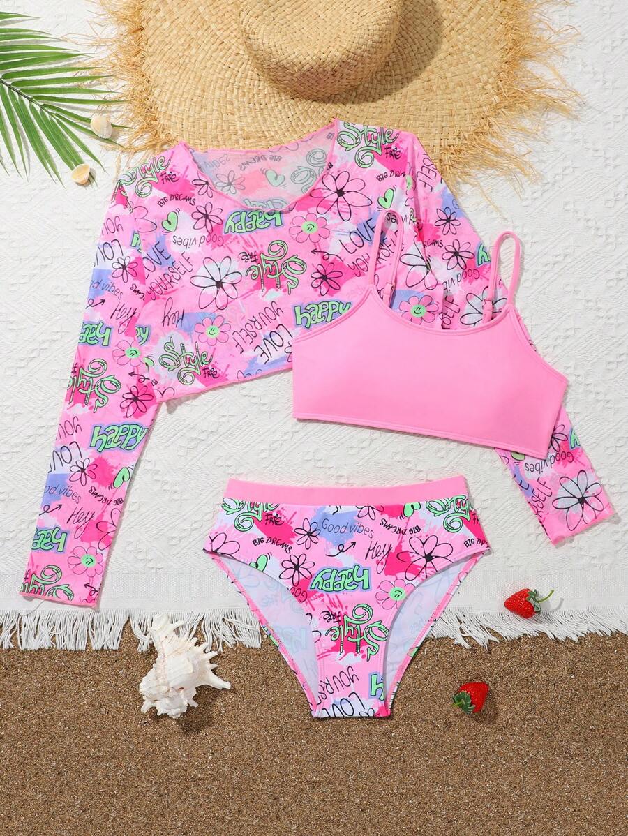 Tween Girls' Minimalist Fashion Beach Vacation Camisole Cover-Up & Panties Swimwear Set