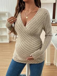 SHEIN V-Neck Solid Color Form-Fitting Maternity Long Sleeve T-Shirt, Suitable For Daily Wear - Apricot - View 3