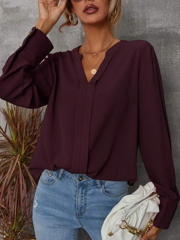 SHEIN Tall Rose Red Casual Woven Placket Design Women Shirt