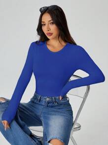 SHEIN PETITE CURVE Plus Size Women Solid Color Fitted Long Sleeve Bodysuit - Royal Blue - View 4
