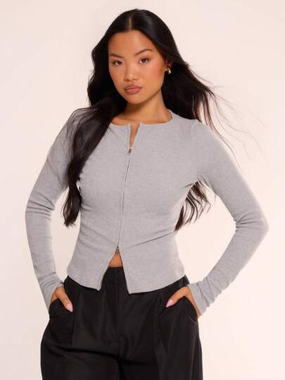 MUSERA Zip Through Crew Neck Long Sleeve Top Casual Vacation Airport Holiday Back To School Fall Autumn Winter Elegant Spring Summer