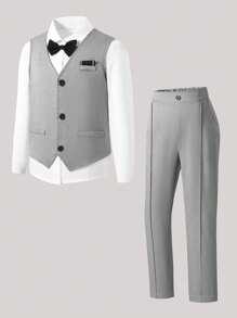 SHEIN 2pcs Tween Boy Gentleman Outfit - Vest, Long Pants Suit, Elegant Outfit For Birthday Party, Evening Party, Wedding, Christening, 1st Birthday (Vest + Pants) - Grey - View 8