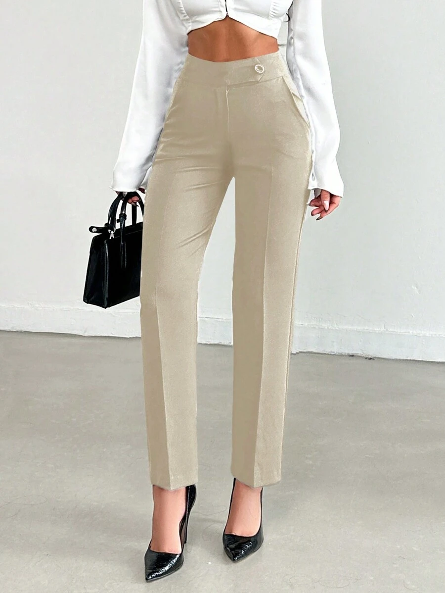 EURMUSE Women's Solid Color Button Pocket Straight Leg Elegant Commuter Trousers - Beige - View 1