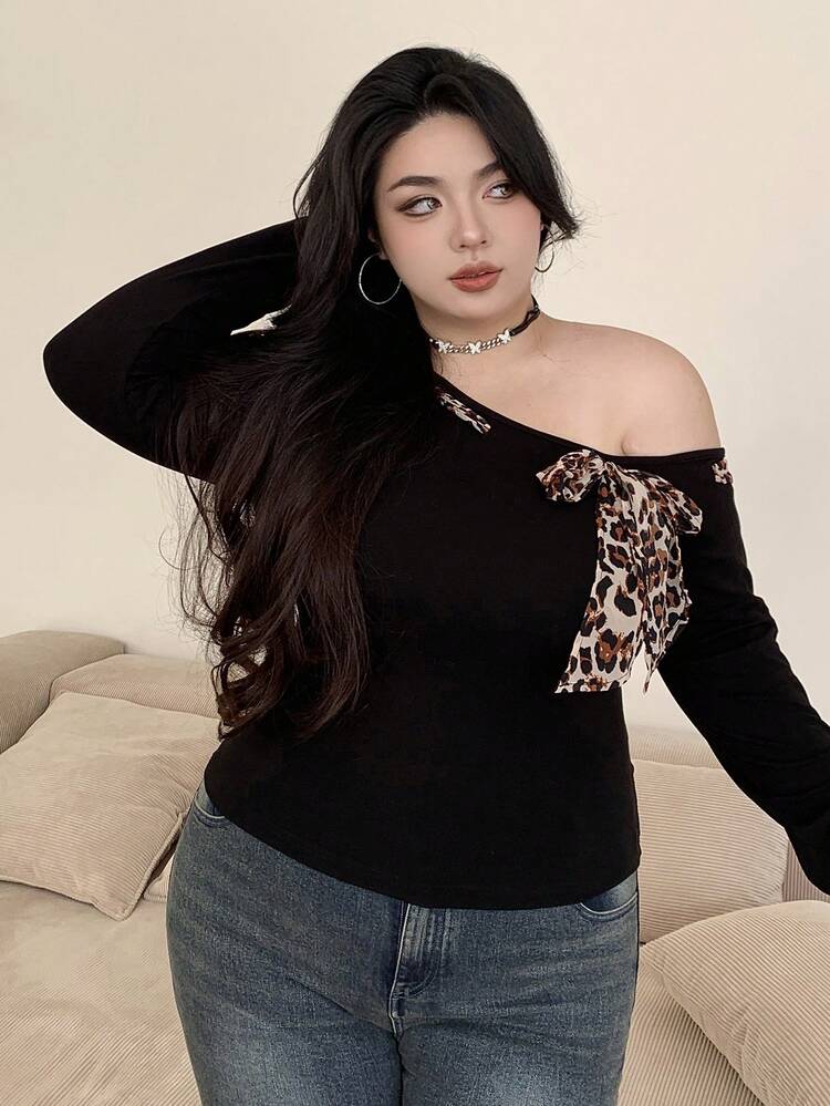 Dazy Plus Plus Size Patchwork Leopard Print Lace-Up Slim Fit Off Shoulder Long Sleeve T-Shirt, Spring/Summer Cheetah Print