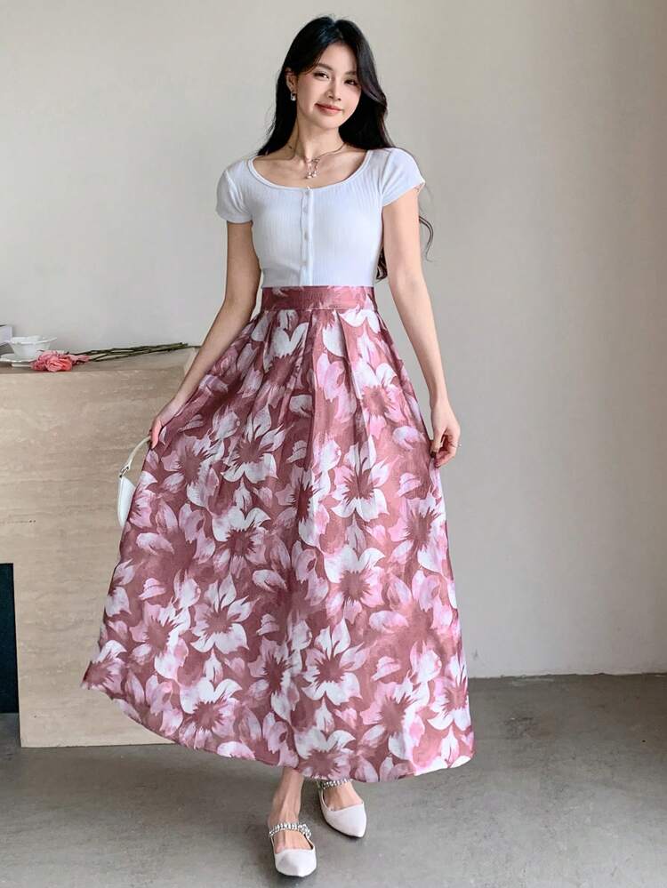Women's High-Waisted Floral Print Pleated Skirt, Elegant Summer Long Skirt Boho