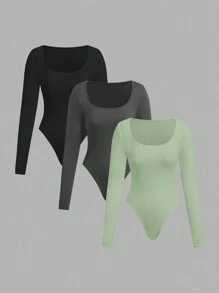 SHEIN EZwear Conjunto de 3 piezas de body de manga larga con cuello cuadrado para mujer - Multicolor - Ver 1