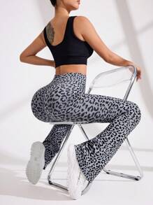 Easithlete 无缝高弹力运动瑜伽健身裤阔腿豹纹 - 灰色 - 查看 4