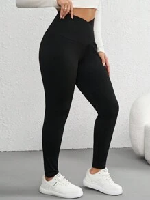 SHEIN Tall CURVE Plus Solid Overlap Wideband Waist Leggings Spring Clothes
