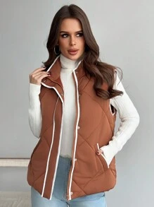 SHEIN Privé Women's Casual Warm Quilted Cotton Padded Vest With Contrasting Trim And Pockets, Suitable For Autumn/Winter Home Wear - Rust Brown - View 7