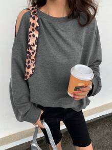 DAZY Women Leopard Print Lace-Up Decoration Crew Neck Sweatshirt Cheetah Print,Fall Clothes - Grey - View 3