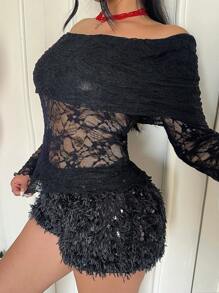 Flirla Áo cánh ren ôm sát tay dài hở vai cỡ lớn cho nữ - màu đen - Xem 5