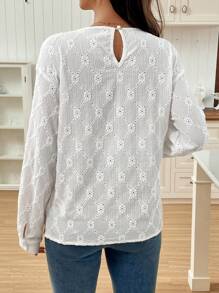 SHEIN Maternity Casual Solid Color Hollow Out Embroidery Drop Shoulder T-Shirt, Autumn - White - View 2