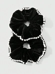 ROMWE Kawaii 2pcs Gothic Style White Faux Pearl & Black Elegant Hair Scrunchies, Fashionable & Casual For Women, Suitable For Daily Wear And Gifts