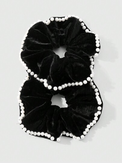 Kawaii 2 pezzi Elastici per capelli in stile gotico con perle bianche false e nero, eleganti, di moda e casual per le donne, adatti per uso quotidiano e regali