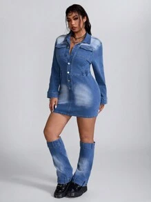 SHEIN ICON Vestido Corpete Fashionable Casual Azul Desgastado com Gola Alta, Manga Longa e Elástico, com Meias Anexadas para Mulheres - Lavagem Média - Visão 5