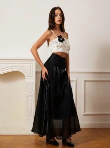 BELROSIE 2pcs Floral Decor Adjustable Suspender Camisole Paired With Flared Maxi Skirt Set, For Valentine's Day, Spring & Summer - Black and White - View 3