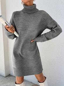 EURMUSE Women High Neck Loose Fit Dropped Shoulder Knit Sweater Dress, Casual For Autumn & Winter - Dark Grey - View 4