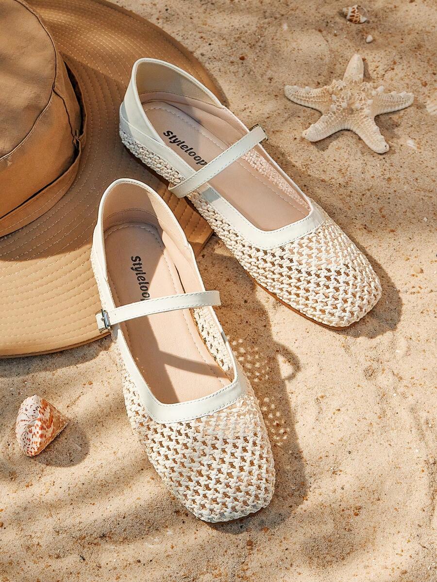 女士户外圆头平底米色编织网格面料时尚简约可爱米色带扣款式平底鞋新年假期 - 白色 - 查看 1