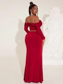 SHEIN SXY Conjunto de 2 piezas talla grande para mujer - Parte superior versátil con decoración de lazo en los hombros y falda de cola de sirena con pliegues en la cintura, apta para otoño e invierno, disfraz de Nochebuena, fiesta, cumpleaños, despedida de soltera, casual, para ir de compras, salir, fácil de combinar y estilizador