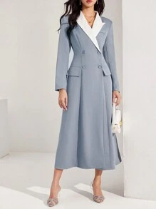 Heiryn 女士撞色彼得潘领双排扣长袖连衣裙