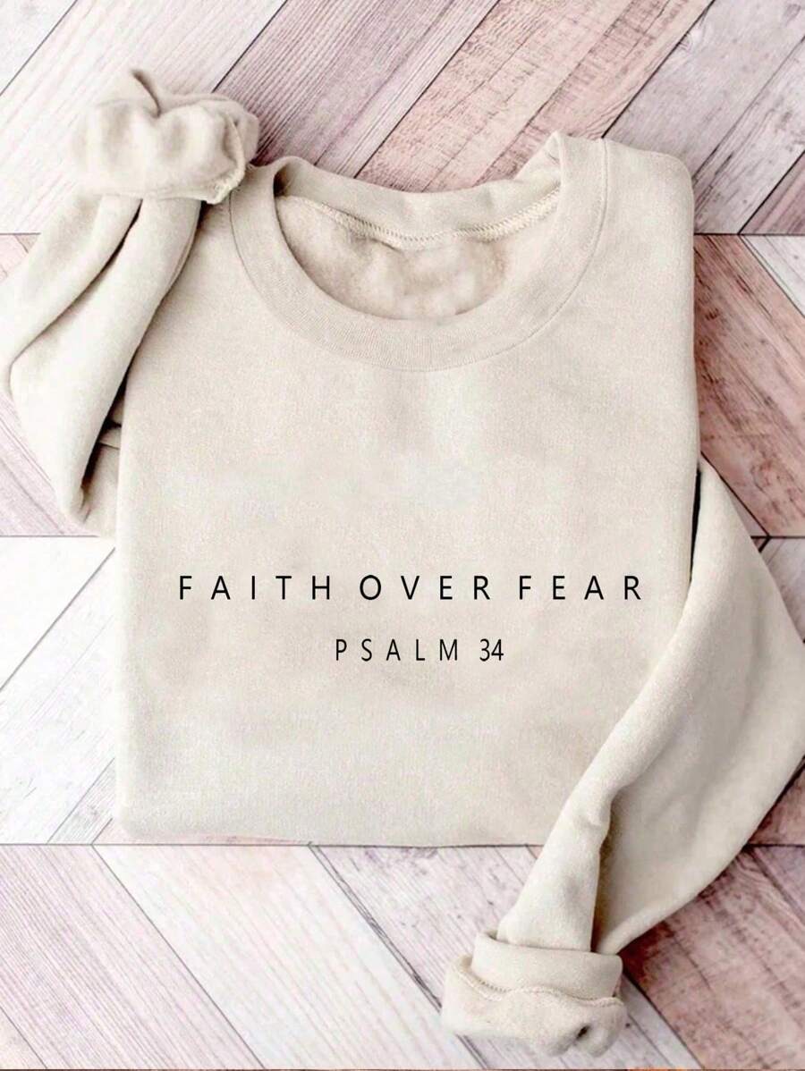 INAWLY 1 件套《信仰战胜恐惧》圣经诗句印花保暖圆领运动衫、长袖上衣