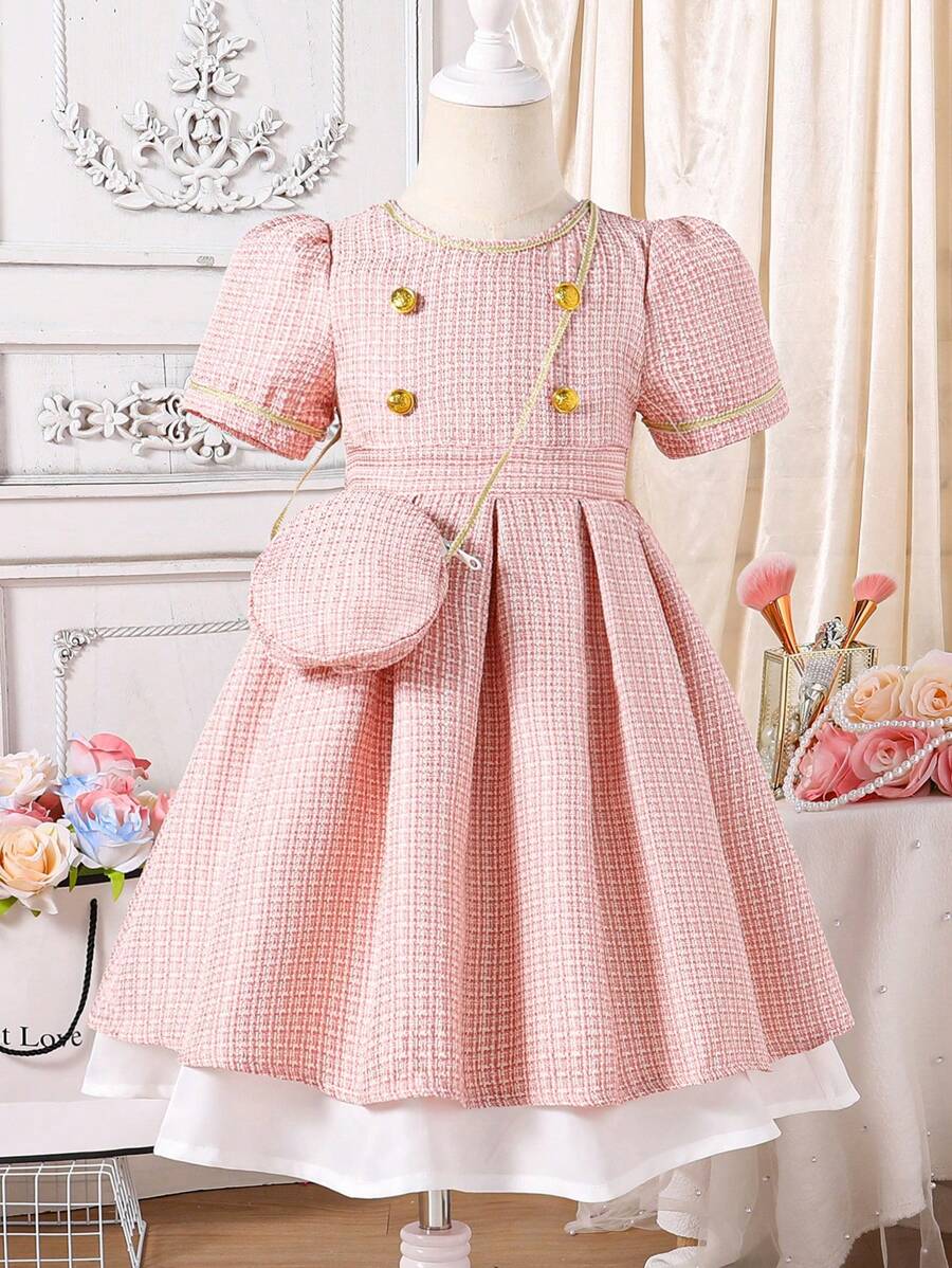 Robe A-line en tissu blanc avec bouton doré, emmanchure à manches courtes et ourlet rond pour jeune fille - Rose bonbon - Voir 1