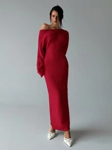 Aloruh Vestido-suéter largo y holgado con hombros descubiertos para mujer, para otoño/invierno