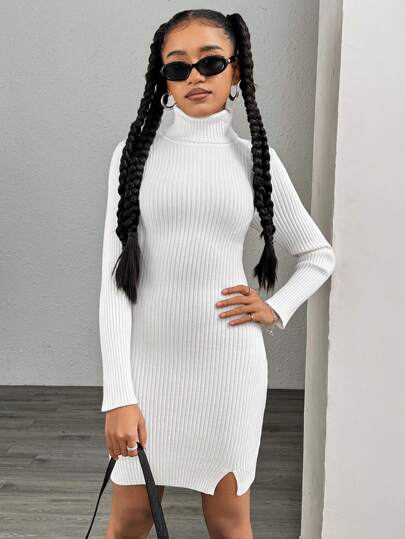 Teen Girls Bodycon Super Elastic High Neck Short Rib Knit Split Hem Sweater Dress, Suitable For Shopping And Layering In Autumn/Winter
