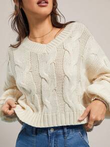 WESTFADE Spring Mixed Stitch Kabelstickad V-ringad Pullover Långärmad tröja - Aprikos - Visa 3