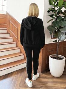 Miaspire 2pcs Women Casual Set, Front Zipper Long Sleeve Solid Color Patchwork Hoodie And Pants