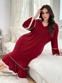 Vestido de dormir informal oversize con volantes de encaje en contraste, talla grande, para Navidad - Burdeos - Ver 3