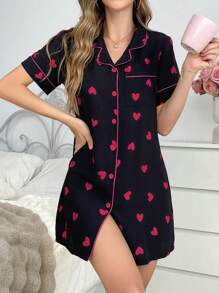 Colorblock Trim Heart Print Lapel Cardigan Women Nightgown