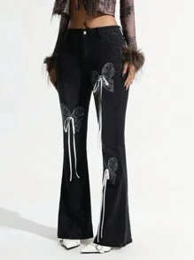 SHEIN ICON Jeans With Butterfly Print & Bow Decor Bell Bottoms Skinny Flared Jeans - Black - View 6