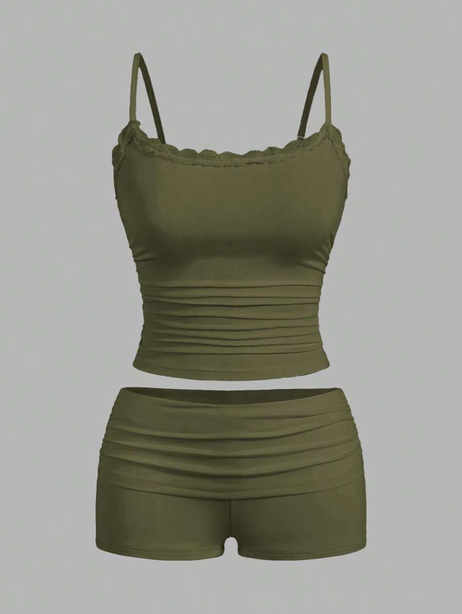 SHEIN EZwear 女士两件套:纯色蕾丝拼布无袖上衣和短裤 - 軍綠色 - 查看 1
