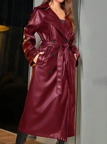 SHEIN Unity 1 件纯色前扣长袖休闲 PU 风衣 - 酒紅色 - 查看 4